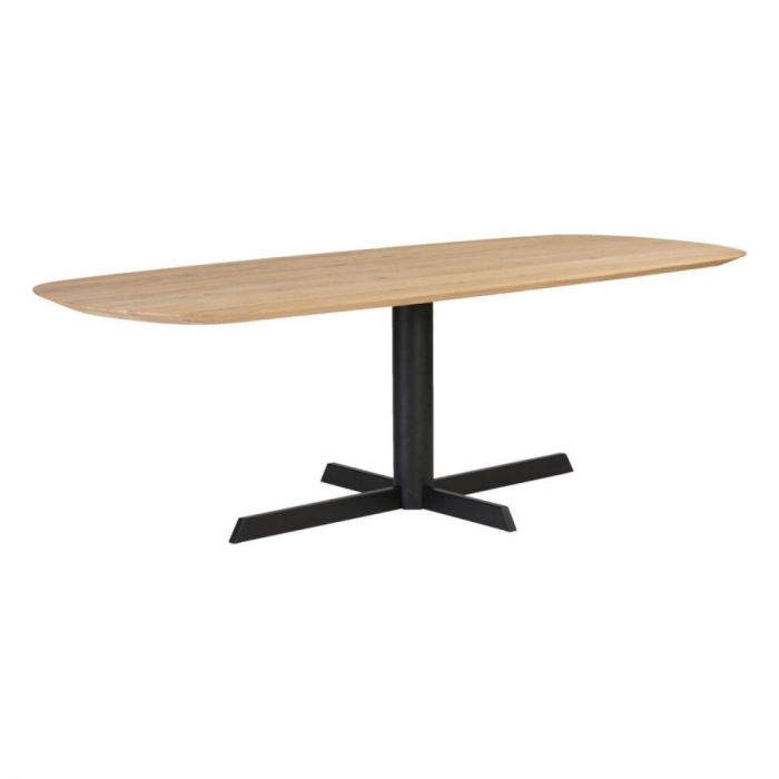  Dyyk Eettafel Oxx 220x100 cm met capsulevormig houten blad en zwart metalen onderstel, moderne eetkamertafel.