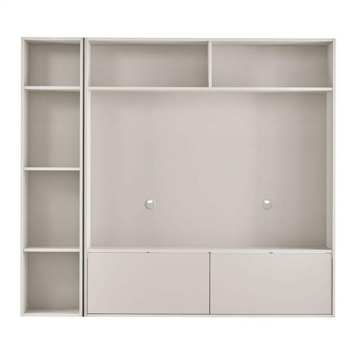 Lichtgrijze INHOUSE kastenwand Arinta zonder decoratie, met open vakken en klepkasten onderin, geschikt als tv-meubel.