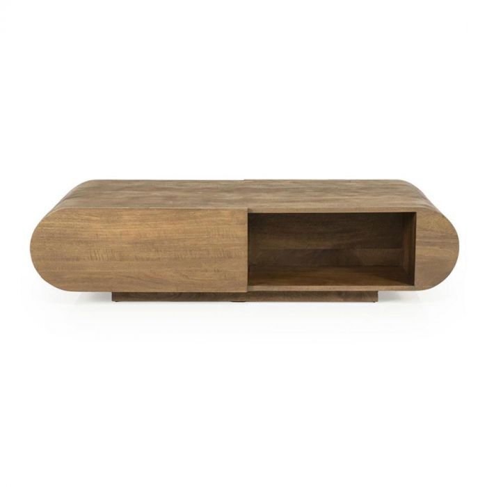 Eleonora salontafel King van mangohout met afgeronde hoeken en open vak aan de rechterzijde, weergegeven op een witte achtergrond.