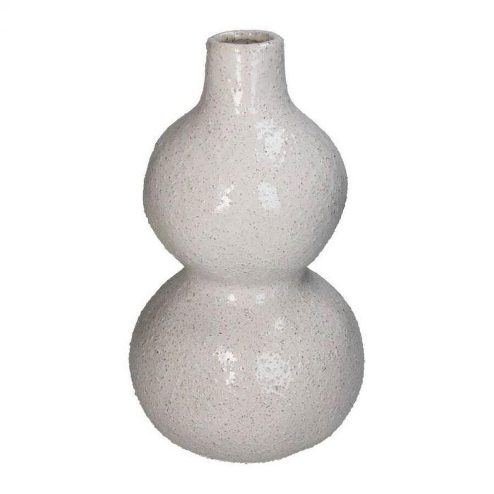 Grote witte steengoed vaas met dubbele bolvorm en gespikkelde glazuurlaag, formaat 17,5 x 17,5 x 30,5 cm.