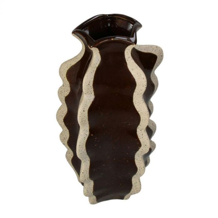 Steengoed vaas in glanzend bruin met golvende randen in gespikkeld beige, afmeting 18,5 x 16,5 x 31,5 cm.