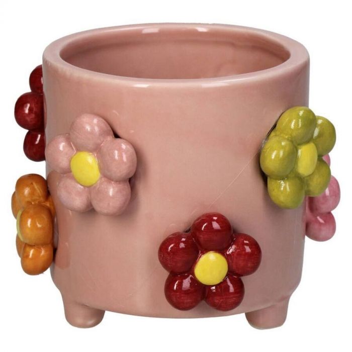 Bloempot van dolomiet met roze basis en kleurrijke bloemen in rood, geel en oranje, formaat 13,2x13,2x10,6 cm.