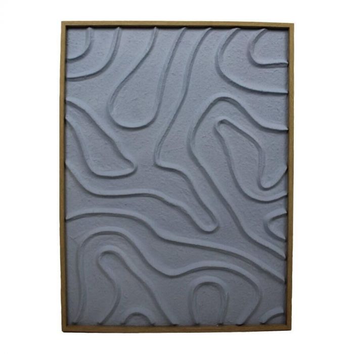 Blauwe wanddecoratie van papier met organisch reliëfpatroon en houten omlijsting, afmeting 60 x 3 x 80 cm.