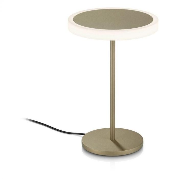 Tilda-T LED tafellamp in metallic sand met ronde kap en voet, voorzien van moderne gebarenbediening en compacte afmetingen.