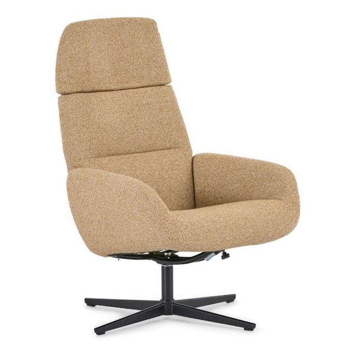 Montèl Ergo Plus fauteuil in warme geeltint met draaibare zwarte poot en vaste hoofdsteun, bekleed met boucléstof Odense.