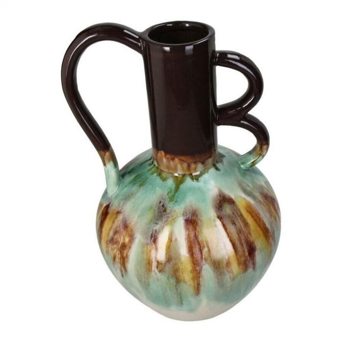 Kleurrijke vaas met groen, bruin en crèmetinten, gemaakt van keramiek en voorzien van twee artistiek gevormde handvatten.