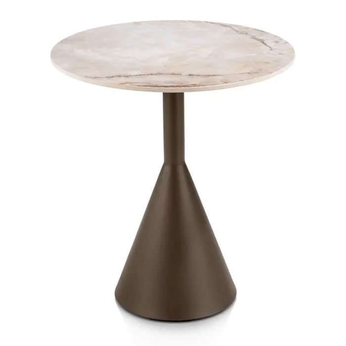 Bijzettafel Avelli 45 cm met rond keramieken blad en steelbrown metalen poot, frontaal weergegeven.