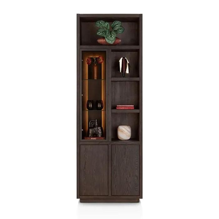 Smalle bergkast Henders & Hazel basalt met glasdeur, open niches en twee deuren, frontaal weergegeven.