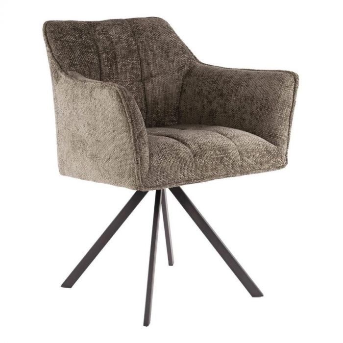 Draaibare eetkamerstoel Raster in taupe met zachte chenille bekleding en zwart metalen sterpoot onderstel.