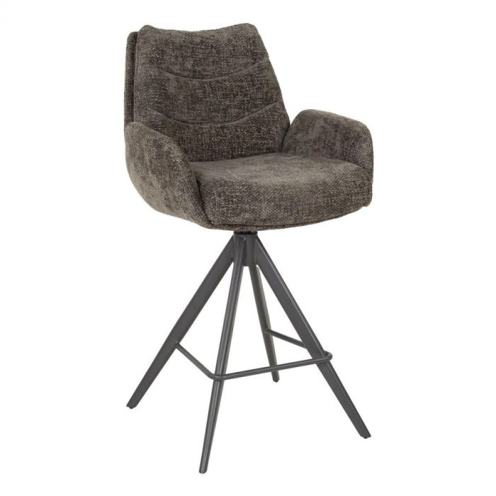 Barstoel Lounge Rich taupe met comfortabele zitting, armleuningen en zwarte metalen spinpoot op witte achtergrond.