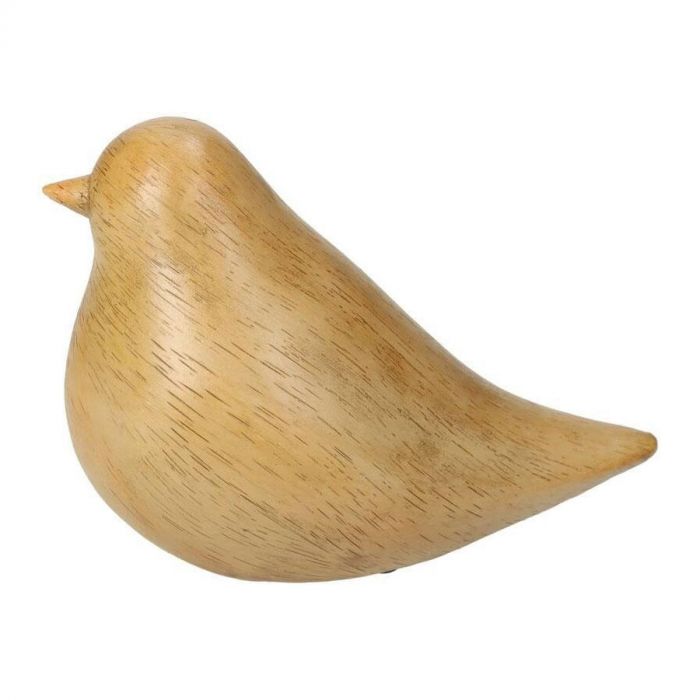 Houten vogelornament van Kersten in zijaanzicht met afgeronde vormen en zichtbare houtnerf op witte achtergrond.