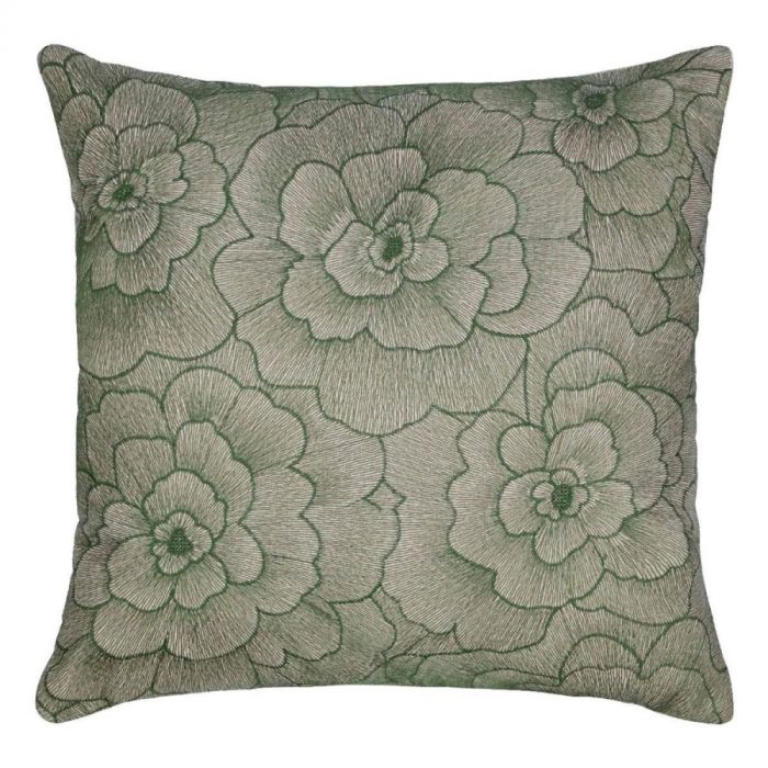 Vierkant sierkussen Faicchio van Pronto Wonen in donkergroen met ton-sur-ton bloemenmotief en fijne geborduurde lijnen voor luxe uitstraling.