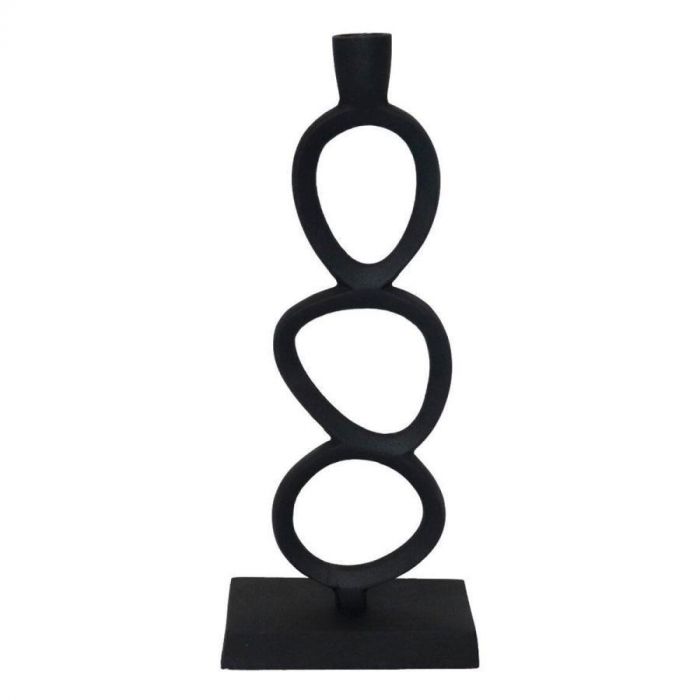 Kandelaar Pedesina large in zwart met drie gestapelde, asymmetrische ovalen op een rechthoekige voet, in matte afwerking.