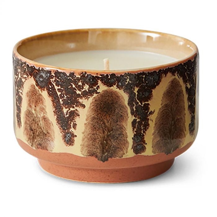 Geurkaars Kyoto in bruin-geel keramieken potje met retro glazuurafwerking van HK Living.
