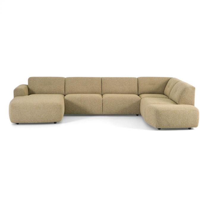 Modulaire bank Montèl Mova in warme bruintint met afgeronde vormen en bouclé bekleding, vooraanzicht van de opstelling.