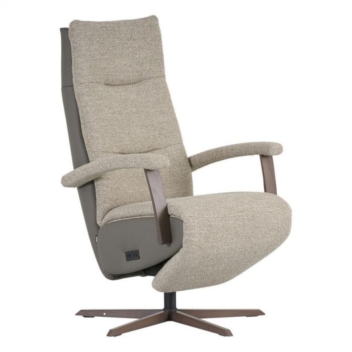 Montèl Chic relaxfauteuil in bouclé en leer, met houten armleuningen en stervormige poot, in maat XL