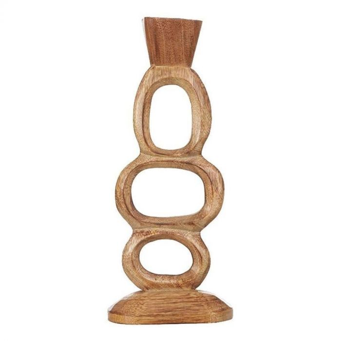 Houten kandelaar Tolmezzo van Pronto Wonen, 36 cm hoog met drie open ovale vormen en natuurlijke houtstructuur op ronde voet.