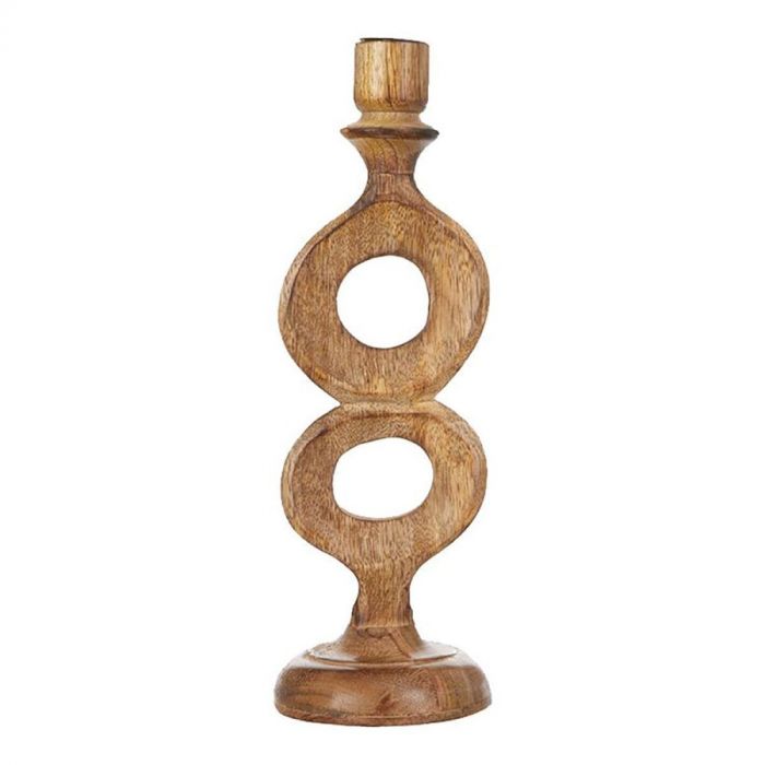 Houten kandelaar Tolmezzo van Pronto Wonen, 31 cm hoog met twee open cirkelvormen en ronde voet, geschikt voor een stompkaars.