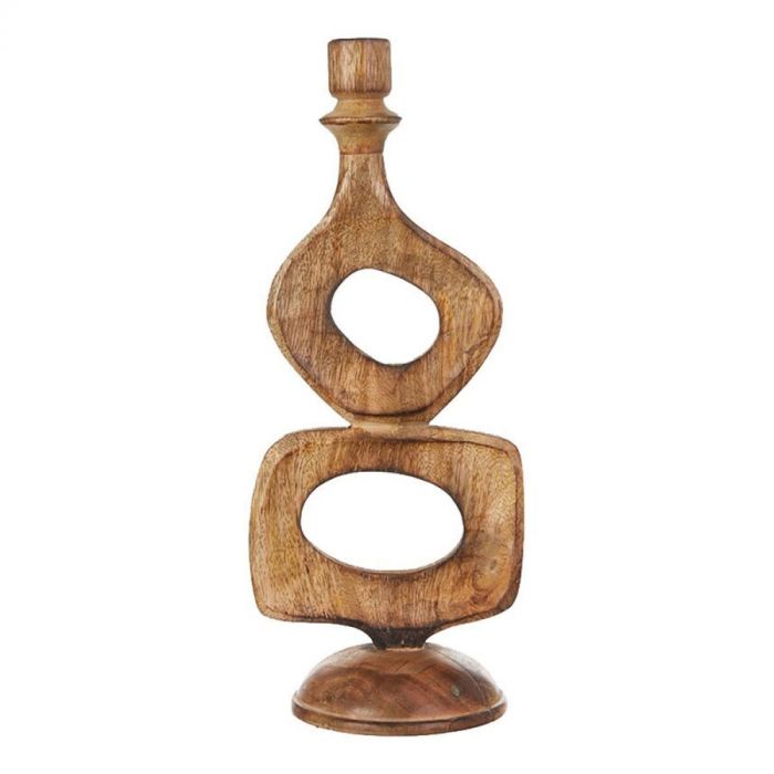 Houten kandelaar Tolmezzo van Pronto Wonen, 37 cm hoog met open vormen en ronde voet, geschikt voor een stompkaars.