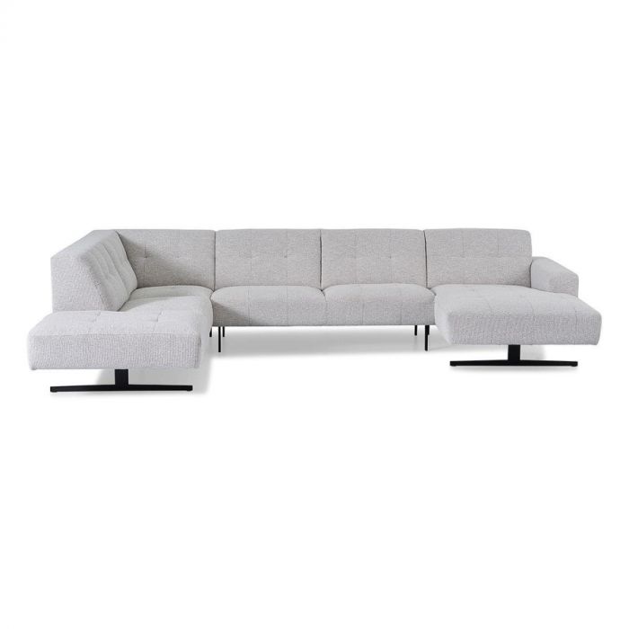 Montèl Traffic u-bank in Lodge Linen stof, vooraanzicht met gecapitonneerde kussens en zwarte metalen poten.