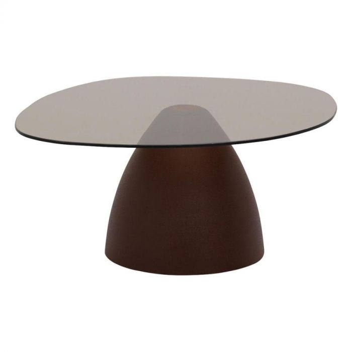 Salontafel Mara 85 cm met bruin glazen blad en bordeaux stalen poot, ovaal design op witte achtergrond.