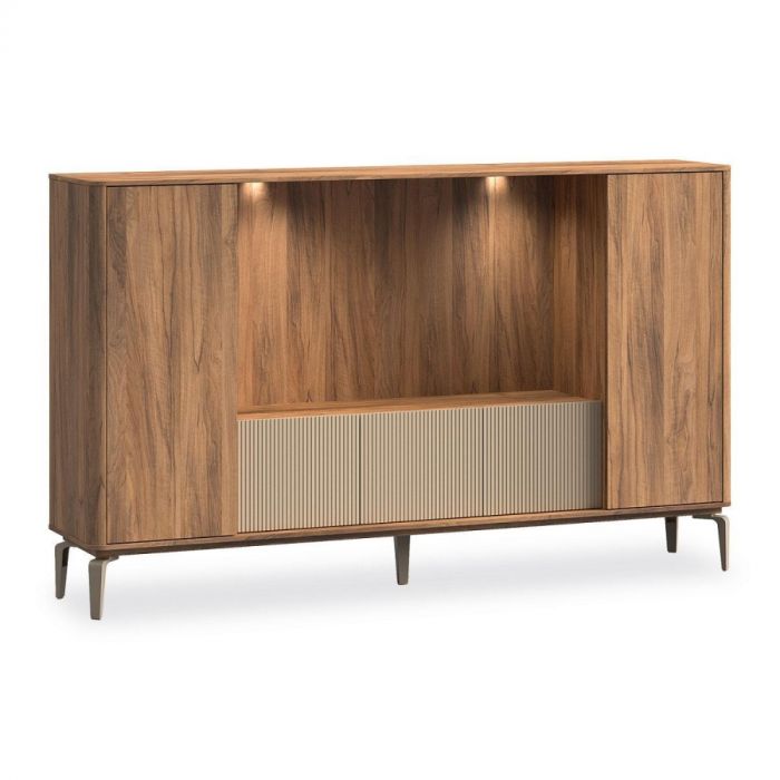 Lodetto tv-meubel in walnoot uitvoering met champagnekleurige details, groot open vak en metalen frame.