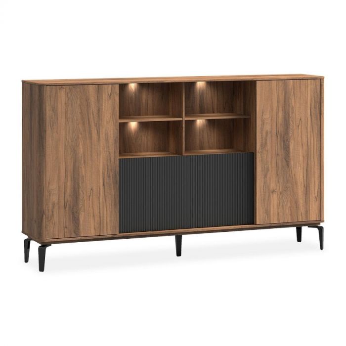 Lodetto opbergkast in houtlook met zwarte details, vier open niches met LED-verlichting en slanke poten.