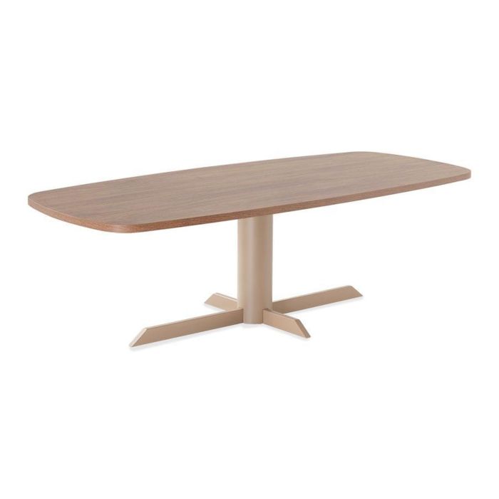 Salontafel Levado met Deens ovaal blad in bruine houtlook en champagnekleurige metalen kolompoot met vier voeten