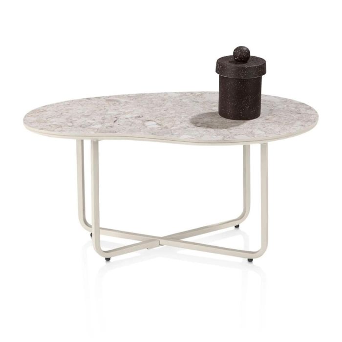 Organische bijzettafel ROTA met keramiek terrazzo blad en crèmekleurig metalen onderstel