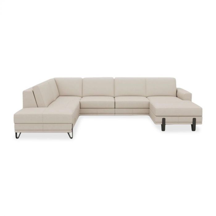 Designsofa Denver in beige stof met loungegedeelte en zwarte designpoten, vooraanzicht.