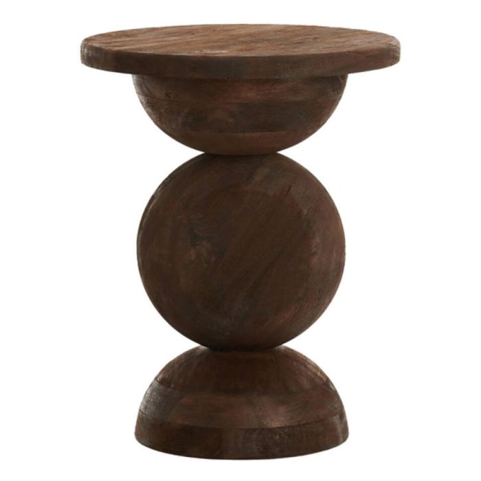 Ronde bijzettafel Mirto van donkerbruin mangohout met bolvormige pootconstructie, vooraanzicht.