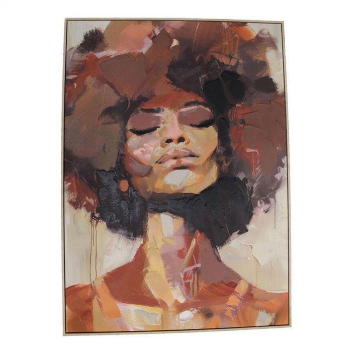 Abstract portretschilderij van een vrouw met gesloten ogen in warme aardetinten, omlijst met een dunne rand.