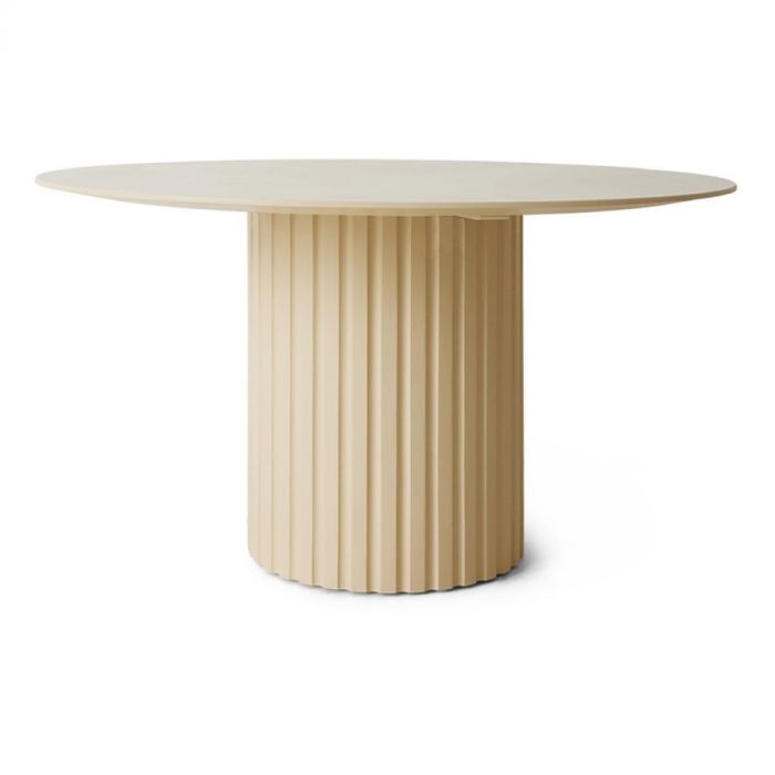 Ronde pilaar eettafel met crèmekleurige voet en strak tafelblad.