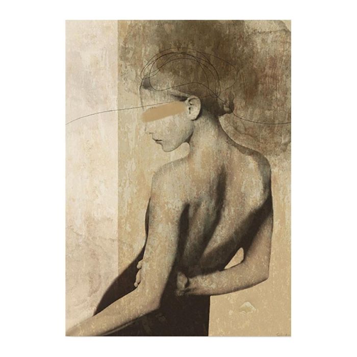 Urban Cotton Back To You met abstracte vrouwenfiguur in zachte beige en bruine aardetinten.