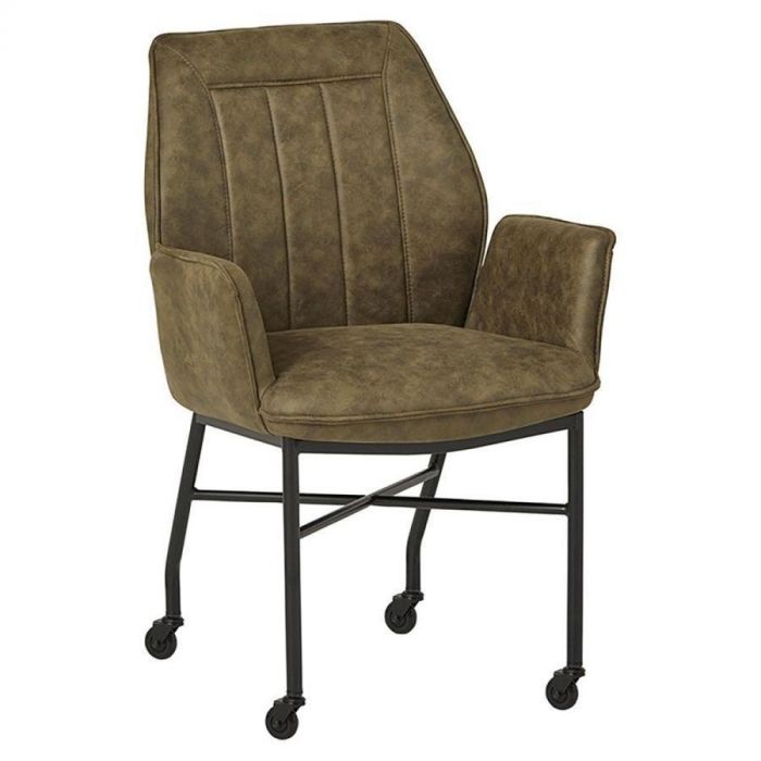 Jamie eetkamerstoel in groene Micro Olive stof met zwarte metalen poten en wieltjes, vooraanzicht.