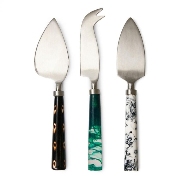 Set van drie HKLIVING kaasmessen Coast met roestvrijstalen bladen en handvatten in zwart met ogen, groen gemarmerd en wit met zwart marmermotief.