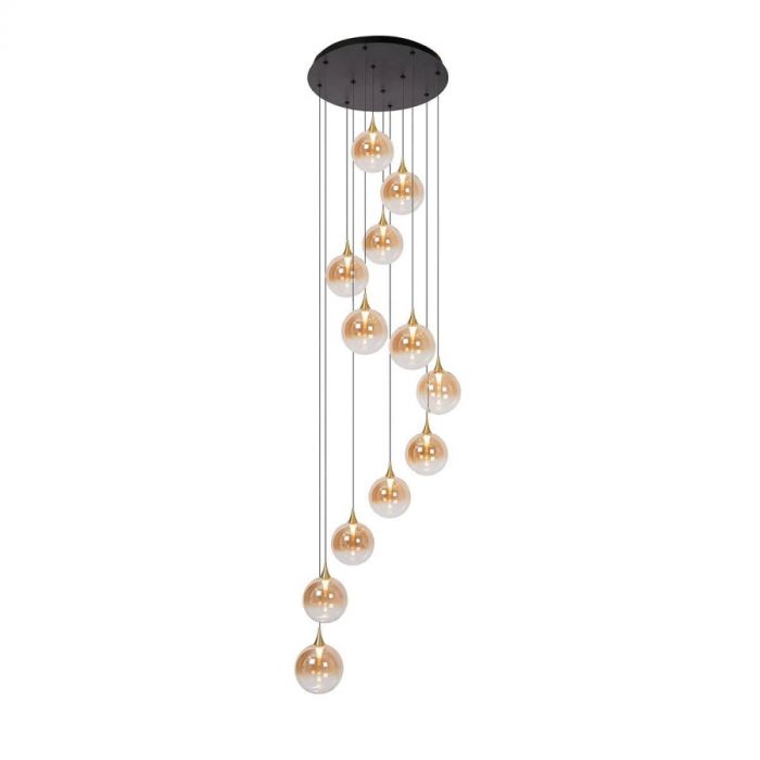 Lucide Hanglamp Gisela Amber met 12 glazen bollen op verschillende hoogtes aan zwarte snoeren, hangend vanaf een ronde plafondplaat.