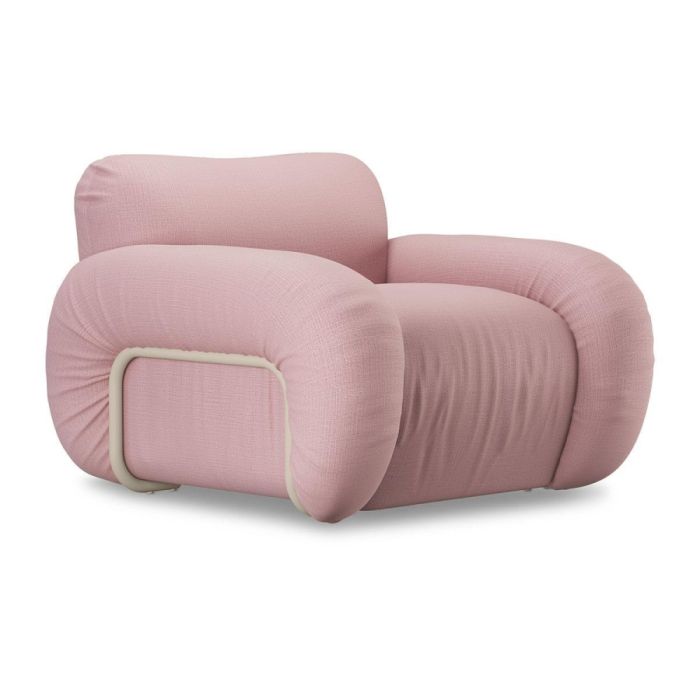 Fauteuil Arc Lounge van HKLIVING in Wise Blossom, schuin gefotografeerd met zachte ronde vormen en een zandkleurig frame, moderne loungefauteuil.