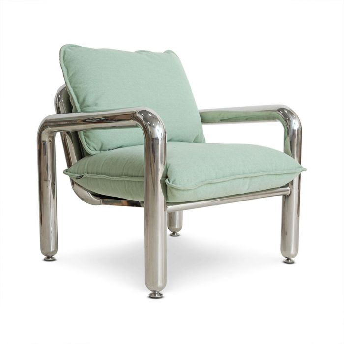 HKLiving loungestoel Chrome Canvas Mint met verchroomd frame en mintgroene kussens, vooraanzicht.