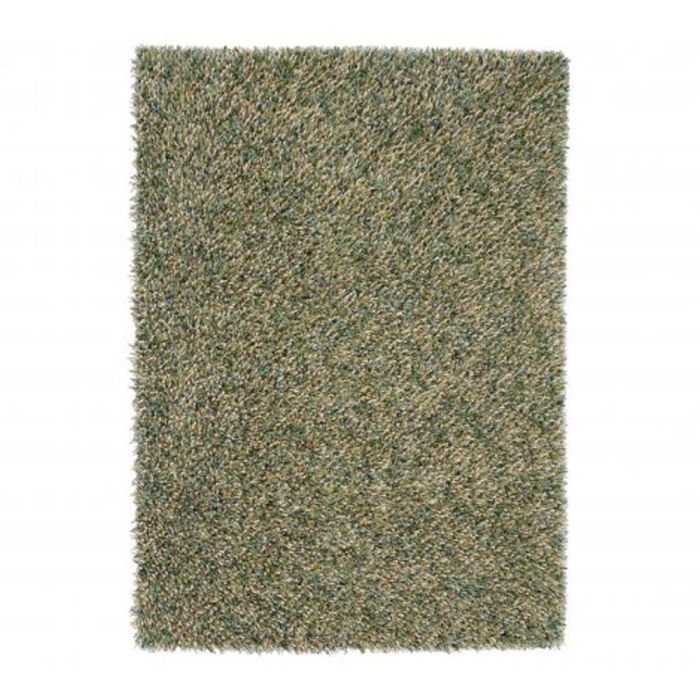 Hoogpolig vloerkleed Spring Evergreen van zuiver scheerwol in gemêleerde groentinten, afgebeeld in bovenaanzicht tegen een witte achtergrond.