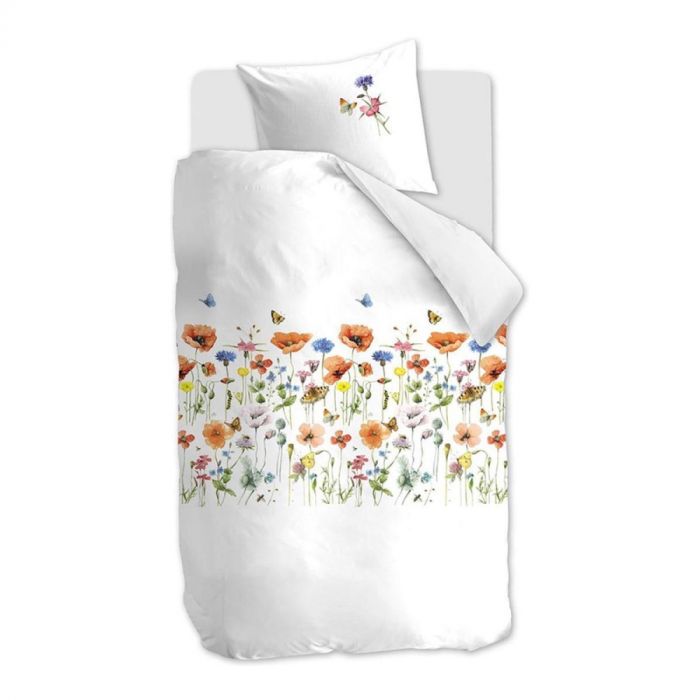 Poppy Parade dekbedovertrek van katoen, wit met kleurrijke bloemen en vlinders, eenpersoons uitvoering.