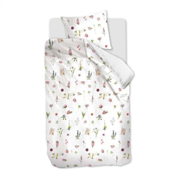 Dekbedovertrek Marjolein Bastin Botanicus wit katoen met handgetekende bloemen en notitieboekjes, eenpersoons uitvoering.