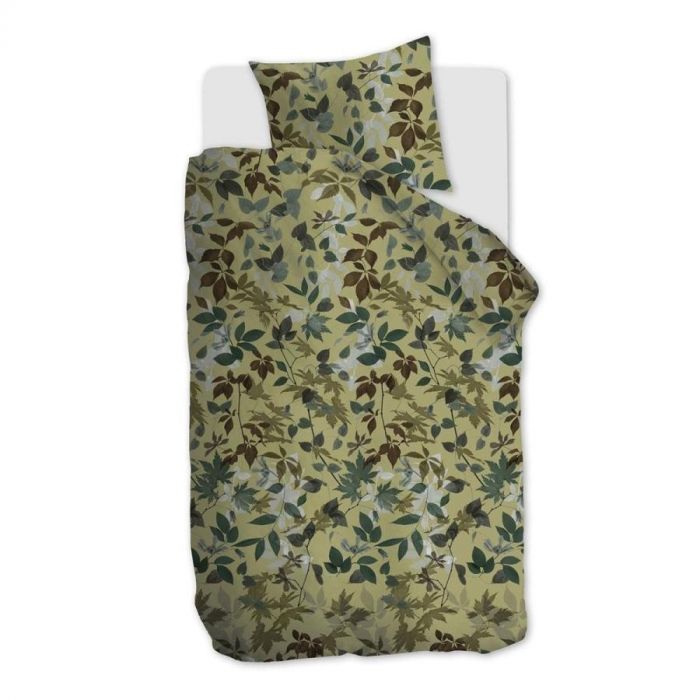 Beddinghouse dekbedovertrek Gigi Groen met bladerenprint en clematisbloemen, eenpersoons uitvoering.