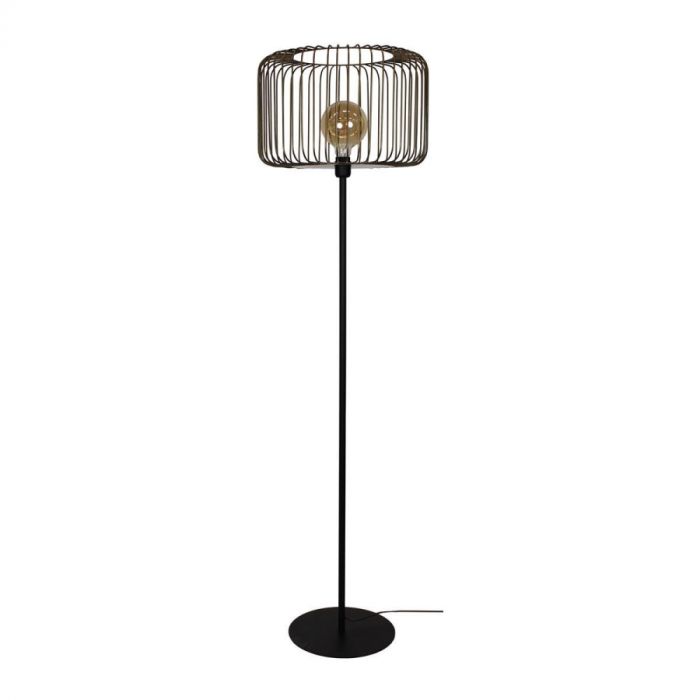 Vloerlamp Bincerro van Profijt met zwart metalen frame en opengewerkte messing lampenkap geschikt voor filamentlamp.