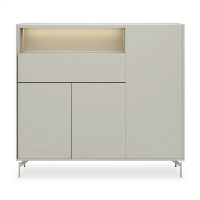 Dressette Noon in silk grey met led verlicht niche, 3 deuren en 1 lade op metalen poten.
