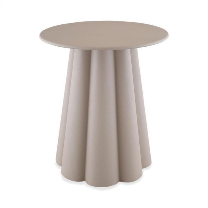 Easdale bijzettafel van metaal in offwhite uitvoering met sculpturaal geplooid onderstel en rond tafelblad.