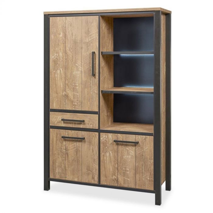 Industriële barkast Mendiga met zwart metalen frame, houtlook afwerking, 3 deuren, 1 lade en 3 open vakken met verlichting.