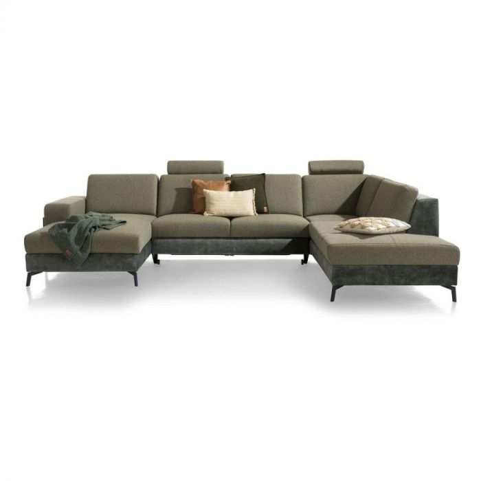 Hoekbank Napels van Henders & Hazel in groene stof, met drie hoofdsteunen en sierkussens, gezien van voren.