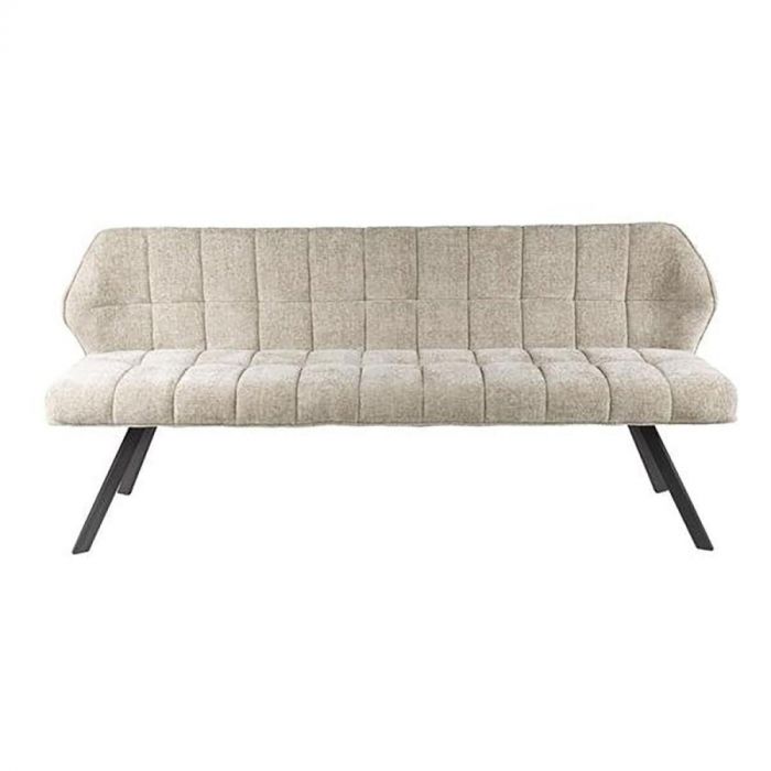 Eetkamerbank Raster Rich Zand met rasterstiksel en zwarte metalen poten, frontaal afgebeeld tegen witte achtergrond.