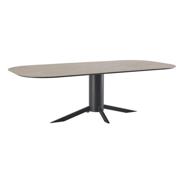 INHOUSE eettafel Solida Corosio 240x110 cm met ovaal HPL-blad en zwarte metalen kolompoot, schuin zijaanzicht.